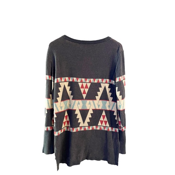PERUVIAN CONNECTION Knit Sweater Crew Neck Gray Brown Aztec Print Cotton Small - Picture 2 of 8